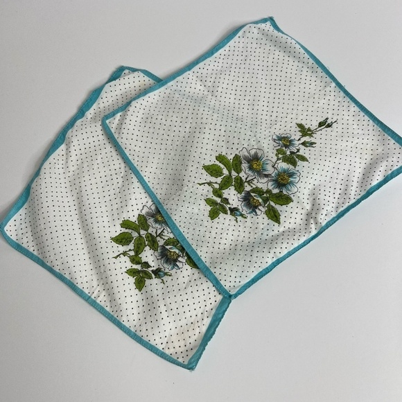 Accessories - Handkerchief Vintage Authentic Floral Art Blue White Cotton 10" Women's Set of 2